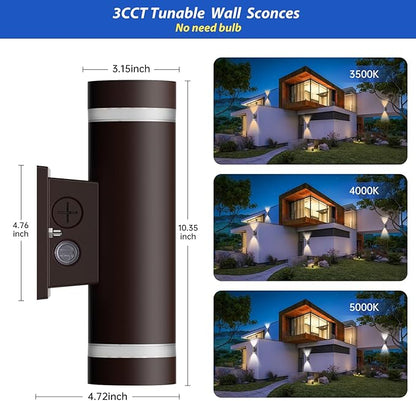 dephen Outdoor Up Down Wall Light, Dusk to Dawn LED Exterior Sconces Light 3000K/4000K/5000K /10W/20W/30W Adjustable, Brown Aluminum Modern Cylinder Porch Lights (UL-Listed)