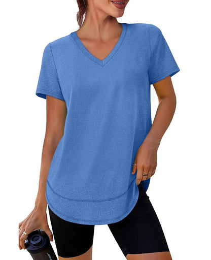 Short Sleeve Shirts for Women Workout Pilates Outfits Tennis Summer Tops 2026 Beach Vacation Clothes V Neck Blue M