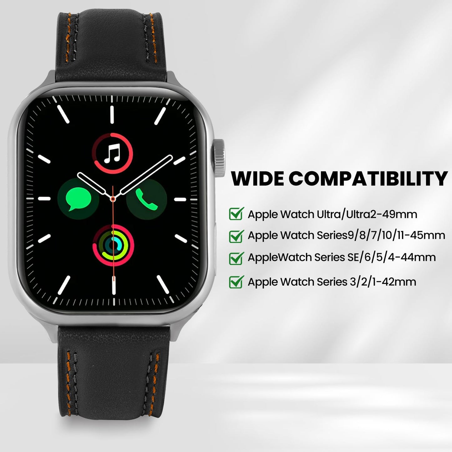 Soft Genuine Leather Band for Apple Watch 49mm 46mm 45mm 44mm 42mm - Women/Men Vintage Retro Replacement Wristband Strap with Metal Buckle for iWatch Ultra 3/2/SE/Series 11/10/9/8/7/6/5/4/3 - Black