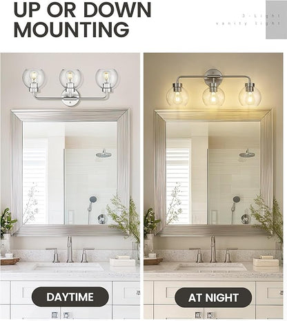 zeyu 23 Inch Bathroom Wall Light Fixtures, 3-Light Vanity Lighting Fixture, Brushed Nickel Finish with Clear Glass Globe Shade, ZS62BG-3W BN