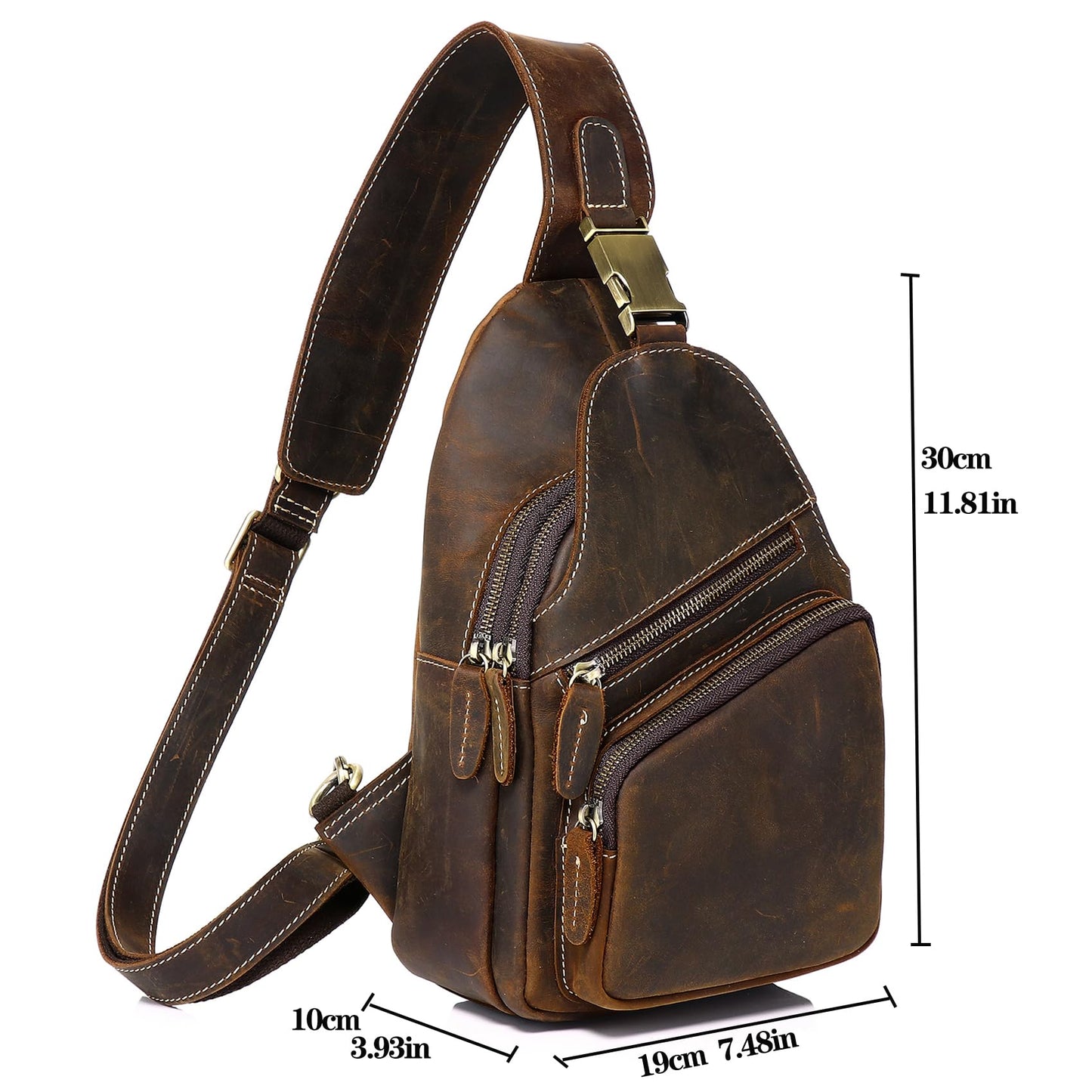 Vintage Full Grain Genuine Leather Sling Bag Men Women Crossbody Chest Shoulder Backpack Daypack Travel Hiking Deep Brown