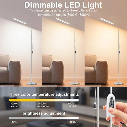 White LED Reading Floor Lamp, Bright 12W Dimmable Standing Light, Adjustable Gooseneck,3 Color Temperatures 5 Gears Brightness, Living Room Bedroom office Library Work makeup tattoo lash Desk Lamp