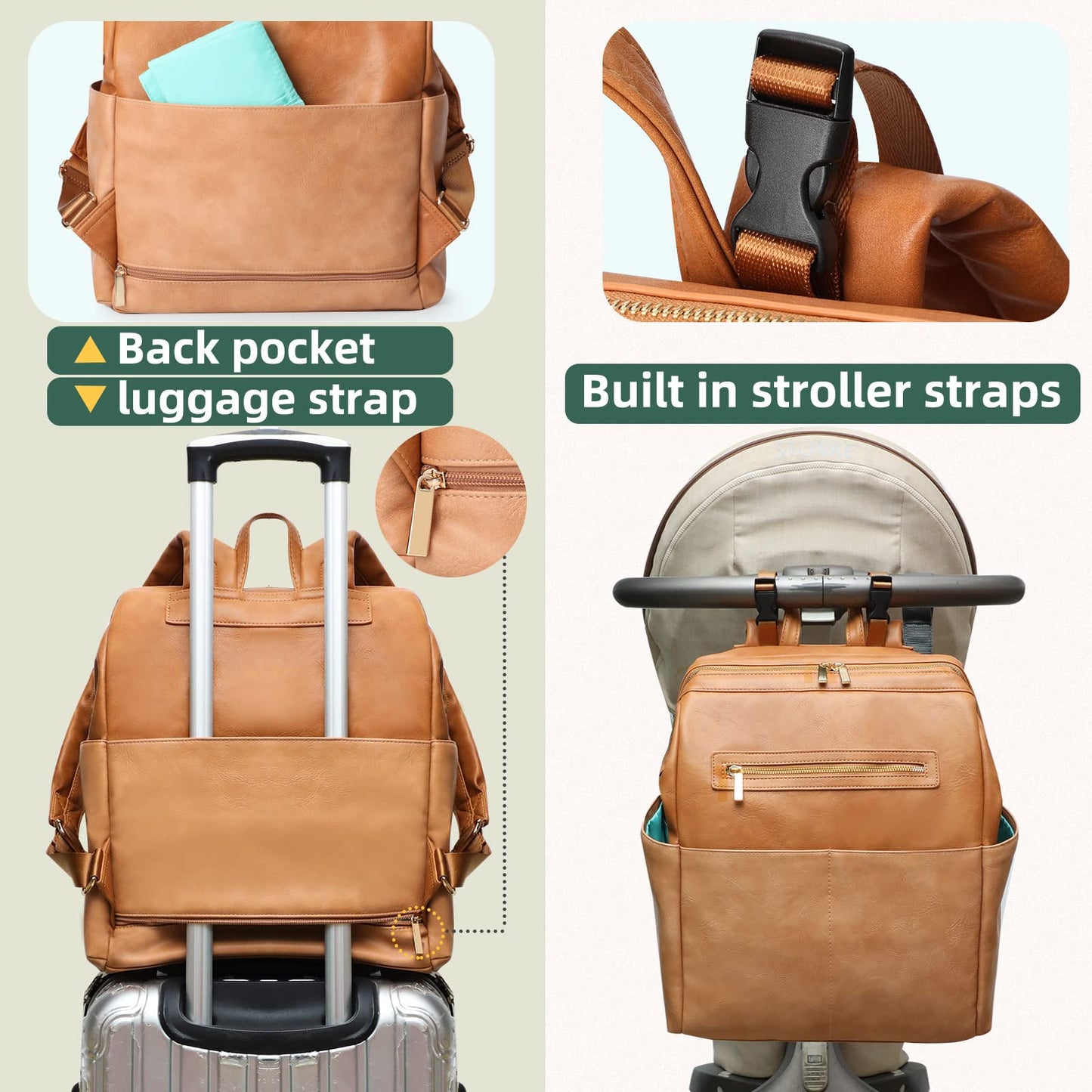 MOMINSIDE Diaper Bag Backpack, Leather Diaper Bag Baby Bag Large Baby Diaper bag Mommy Bag with 16 Pockets,Hospital Bag, Changing Pad, Brown