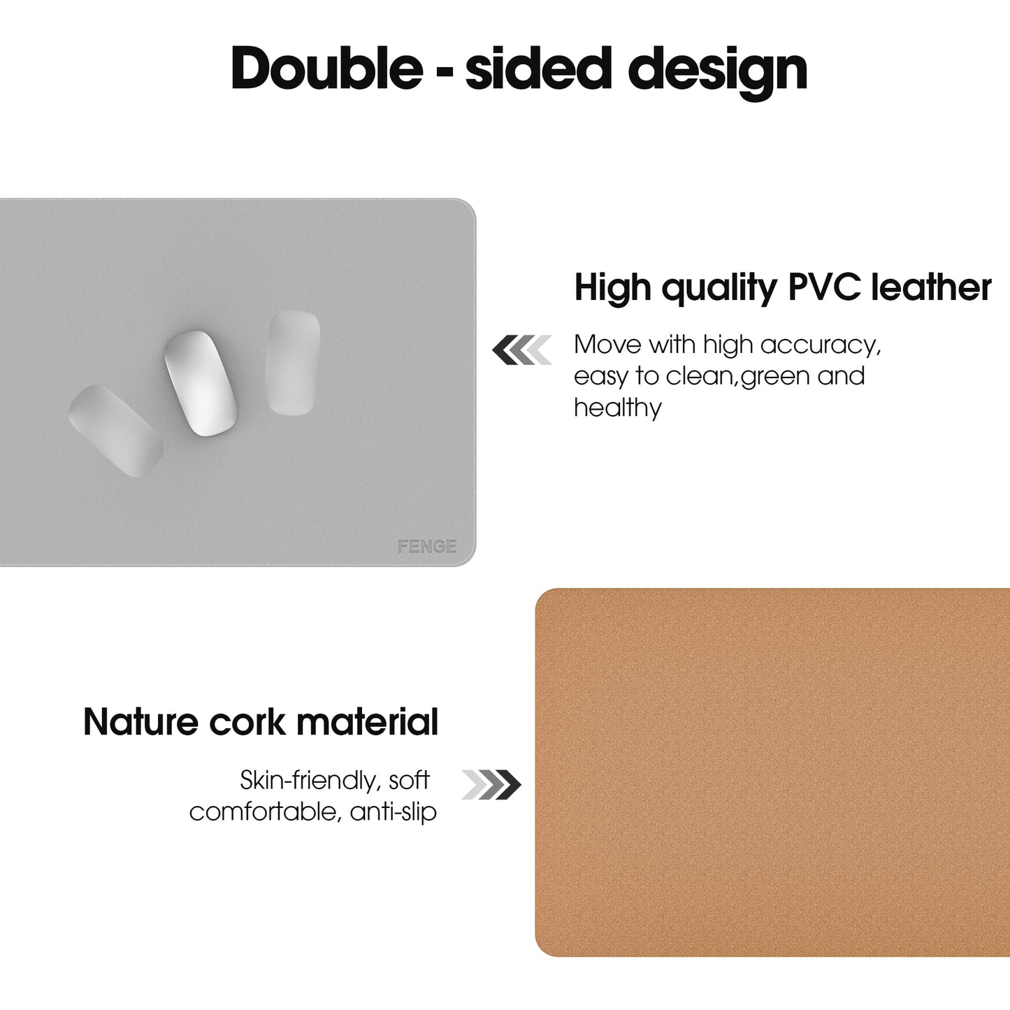Fenge Desk Pad Mat, Water Resistant Mouse Pad, Double-Sided Mouse Mat with Anti-Slip Cork Base, Faux Leather Desk Blotter for Home Office, Laptop, Mouse, 23.6 x 13.8 Inches, Light Grey
