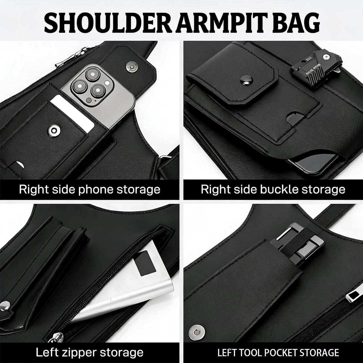 Premium Leather Shoulder Bag, Double Shoulder Armpit Bag for Men, Anti-Theft Hidden Adjustable Shoulder Holster for Men (Black)