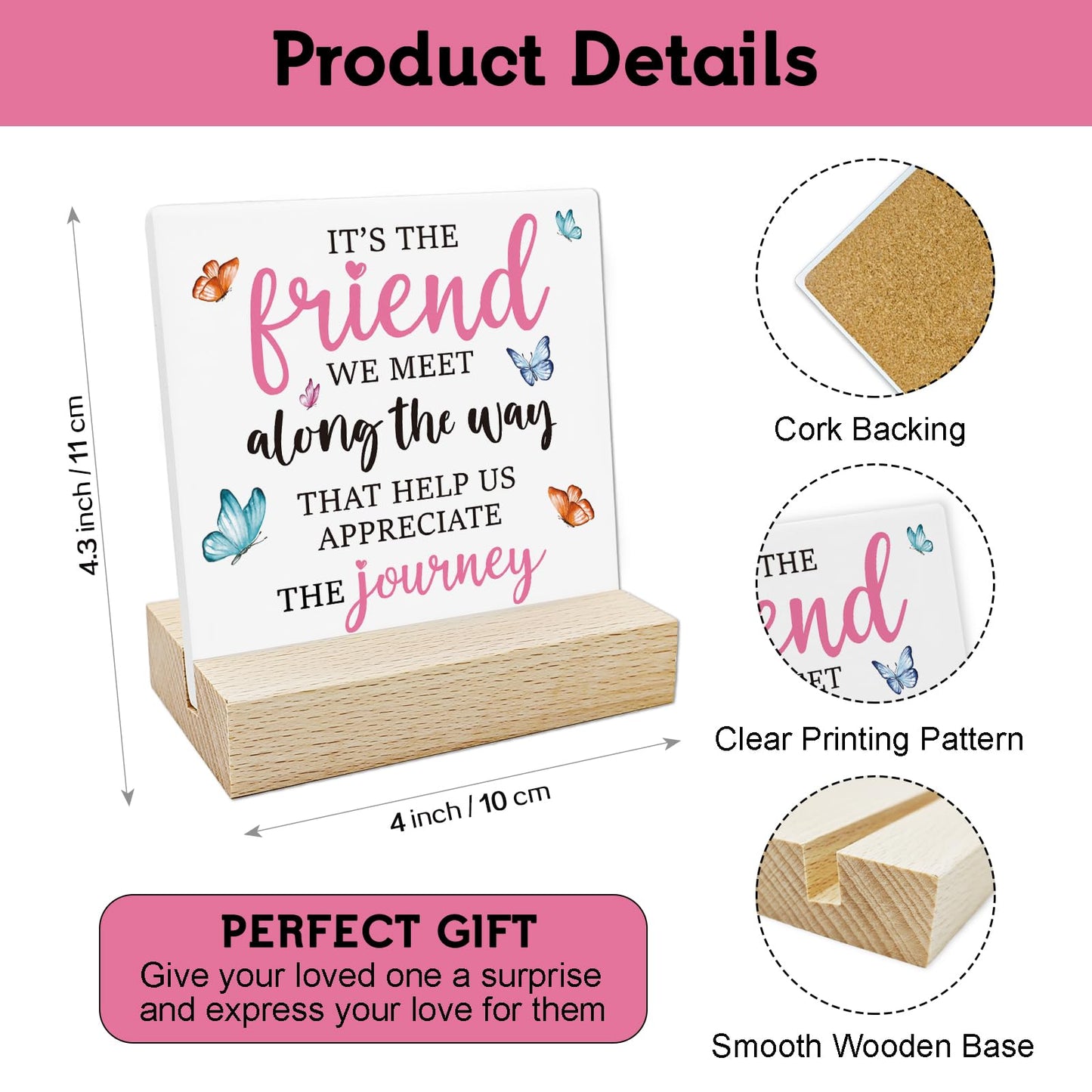 REWIDPARTY Friendship Gifts for Women Motivational Friendship Ceramic Sign Keepsake Christmas Birthday Gifts for Friend Colleague Ceramic Desk Sign Plaque with Wooden Stand for Home Office Decor