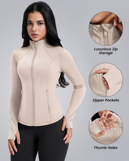 AVGO Womens Workout Jackets Lightweight Athletic Zip Up Jacket Slim Fit Running Gym Top with Pockets & Thumb Holes(Almond, S)