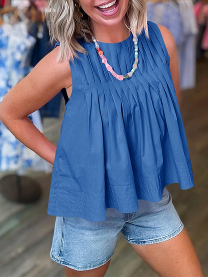Cicy Bell Womens Summer Peplum Tops Casual Babydoll Sleeveless Cotton Tank Tops Flowy Pleated Shirts Blue