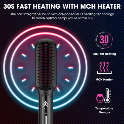 MiroPure Hair Straightener Brush with Plasma Technique, Ceramic Straightening Brush with 16 Temp Settings 30s Fast Heating, Hair Straightener Comb for Women with LED Display & Dual Voltage, Black