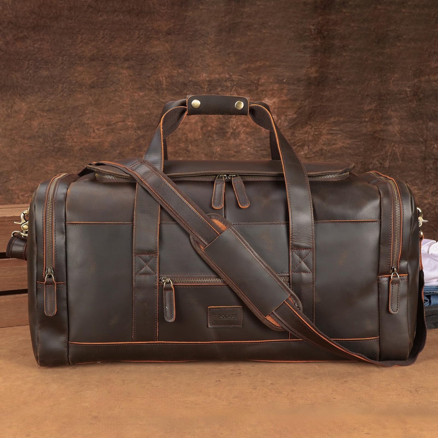 Polare 23" Full Grain Leather Travel Duffle Bag For Men 42L Duffel Bag Overnight Carry on Luggage Sport Weekender Bag