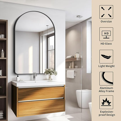 FORBATH Arched Mirror 32x48 Inch, Bathroom Mirror Wall Mounted Modern Black Aluminum Alloy Frame Decor Large Dresser, for Bedroom Living Room Entryway, Hanging or Leaning Against Wall