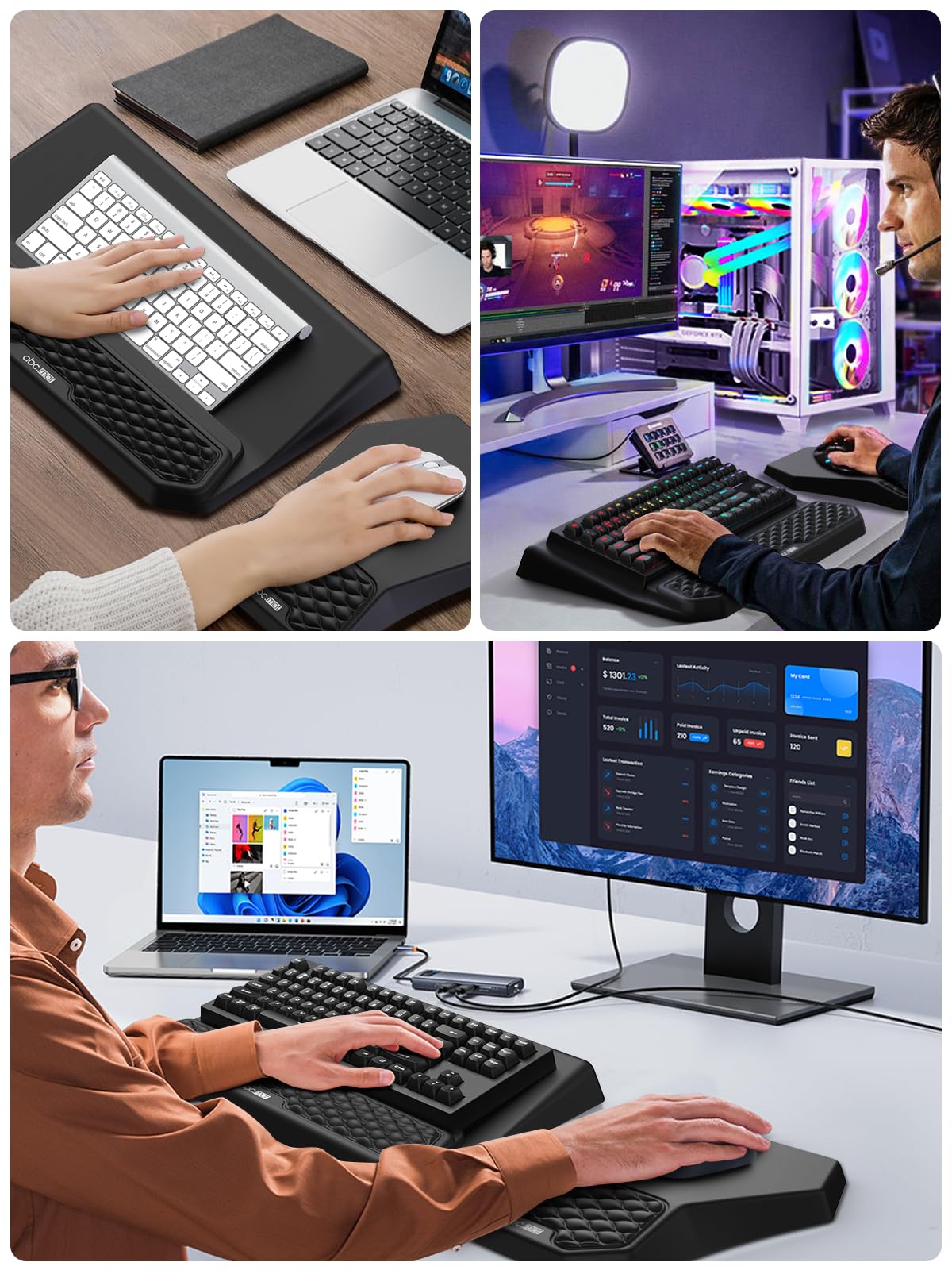 3-in-1 Ergonomic Keyboard Stand with Wrist Rest & Mouse Pad Set, Comfy Keyboard Riser Holder Soft Mousepad with Massage Design, Memory Foam and Non-Slip PU Base for Pain Relief, Black