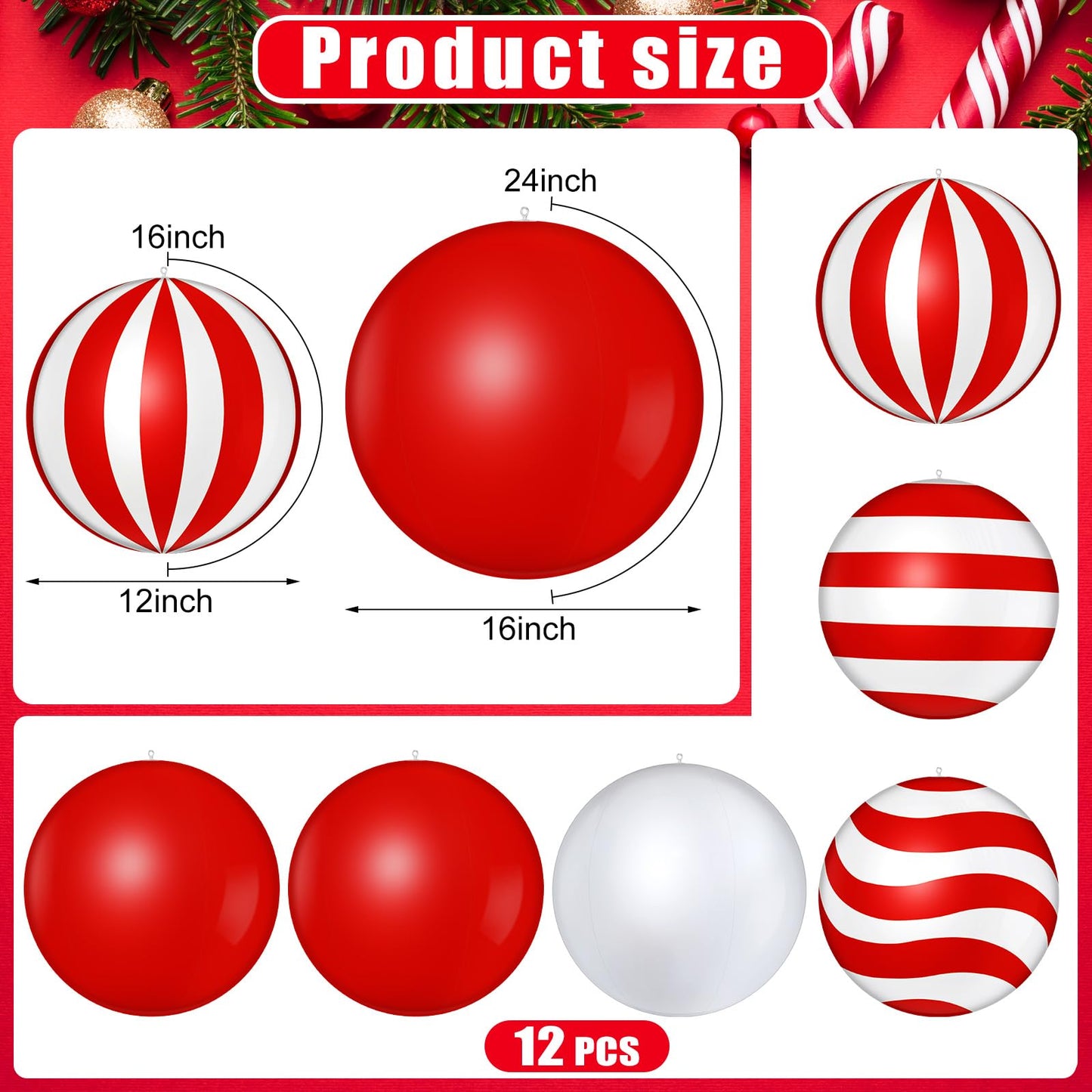 Jetec 12 Pcs 24 Inch 16 Inch Giant Inflatable Christmas Balls Ornaments Large PVC Inflatable Ball Decorations for Xmas Tree Holiday Yard Lawn Porch Outdoor(Red, White,Classic Candy Cane)