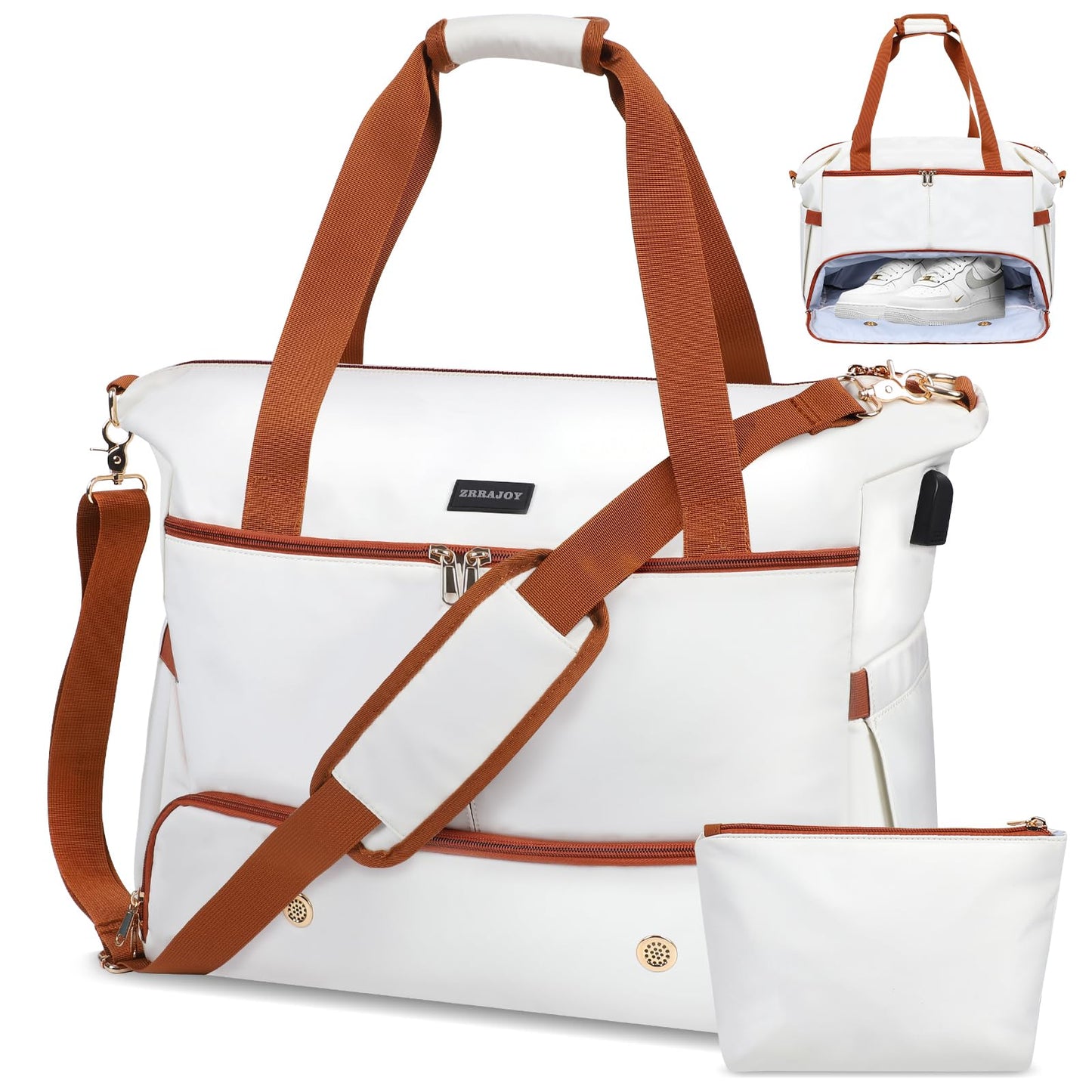 ZRRAJOY Weekender Overnight Bag for Women, Large Travel Duffel with Shoe Compartment, Wet Pocket, USB Charging Port, Carry-On Gym Tote Bag (Beige Brown)