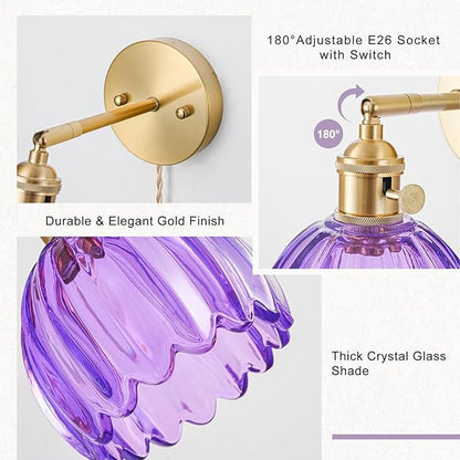 Plug in Wall Sconce, Vintage Sconce Light with Tulip Purple Glass Lampshade, 180° Adjustable Wall Sconce with Switch and Plug in Wall Lamp Cord, Gold Wall Light for Bedroom Bedside