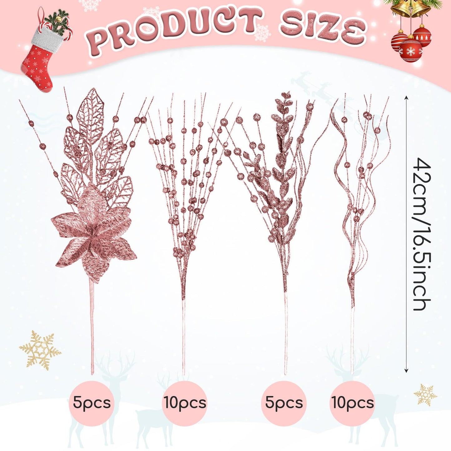Syhood 30 Pack Holiday Vase Picks and Sprays Glitter Artificial Poinsettia Flower Berry Stems Ornaments Tree Picks Branches Curly Wispy Twigs Sticks for DIY Craft Wreath Decor(Rose Gold)