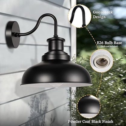 Outdoor Gooseneck Barn Light Outdoor Wall Sconce Farmhouse Exterior Wall Mount Light Vintage Outside Wall Lighting Fixture Industrial Black White Lantern for Porch, Entryway, Garage, 2 Pack