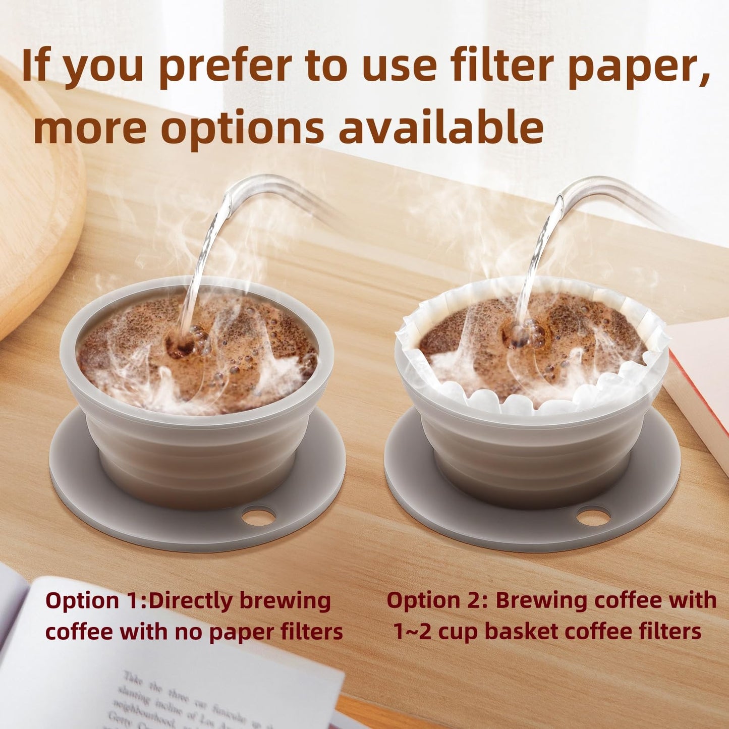 2-Packs Travel Collapsible Paperless Pour Over Coffee Dripper Kit with Stainless Steel Filter, Travel Pour Over Coffee Maker Camping, Silicone Coffee Strainer Pour Over Single Cup (Brown+Black)