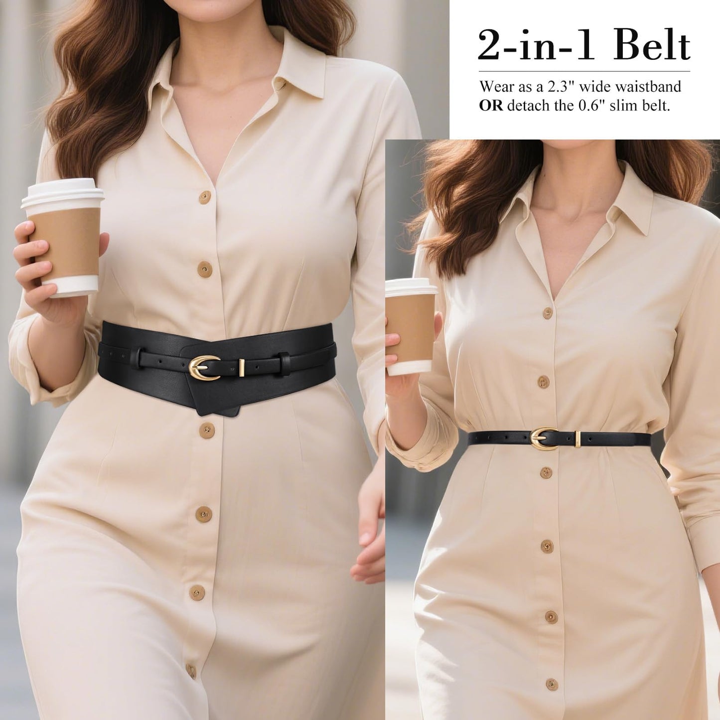 WHIPPY Women Wide Leather Belt Fashion Ladies Dress Belt 2-in-1 Waistband with Skinny Belt for Dress Suits, Black, M