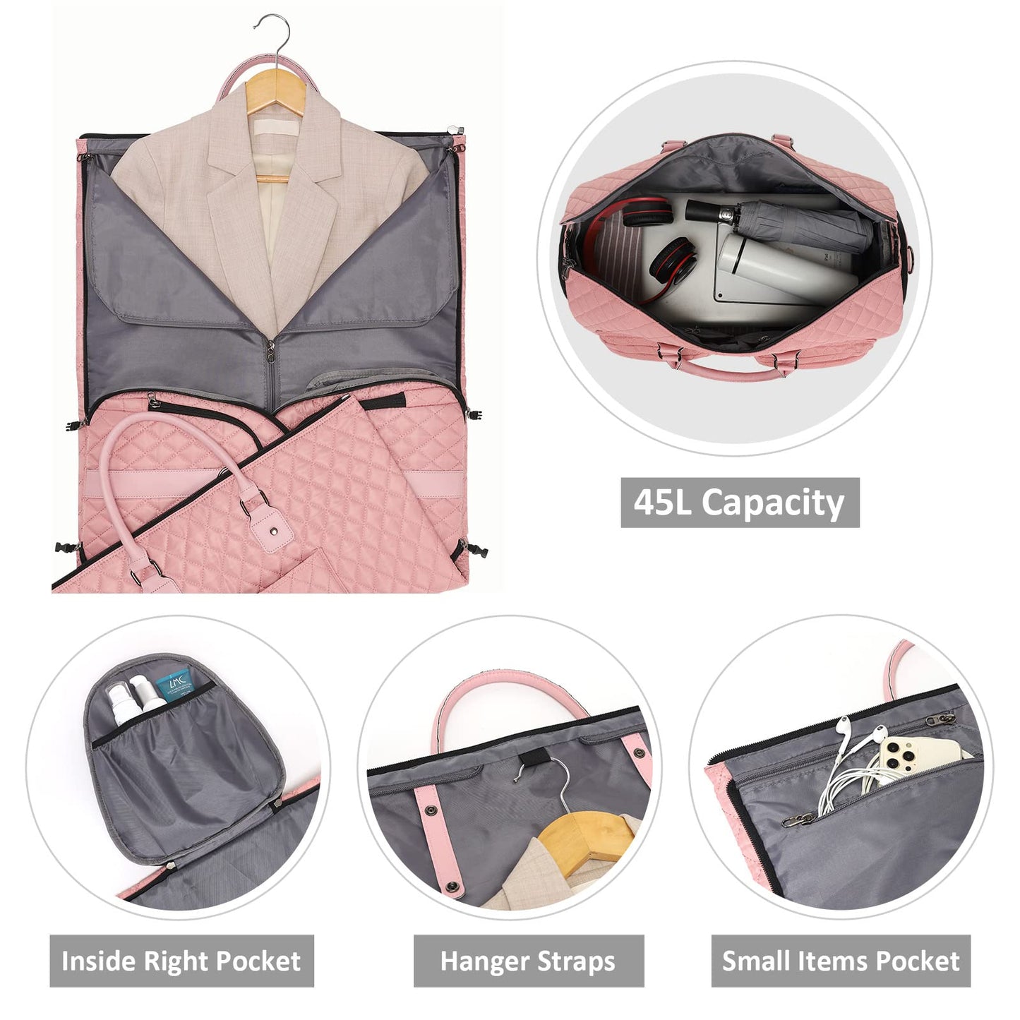 Womens Convertible Garment Bags for Travel, Modoker Waterproof Carry On Garment Bag Garment Duffel Bag - 2 in 1 Hanging Suitcase Suit Travel Luggage Bag, Pink