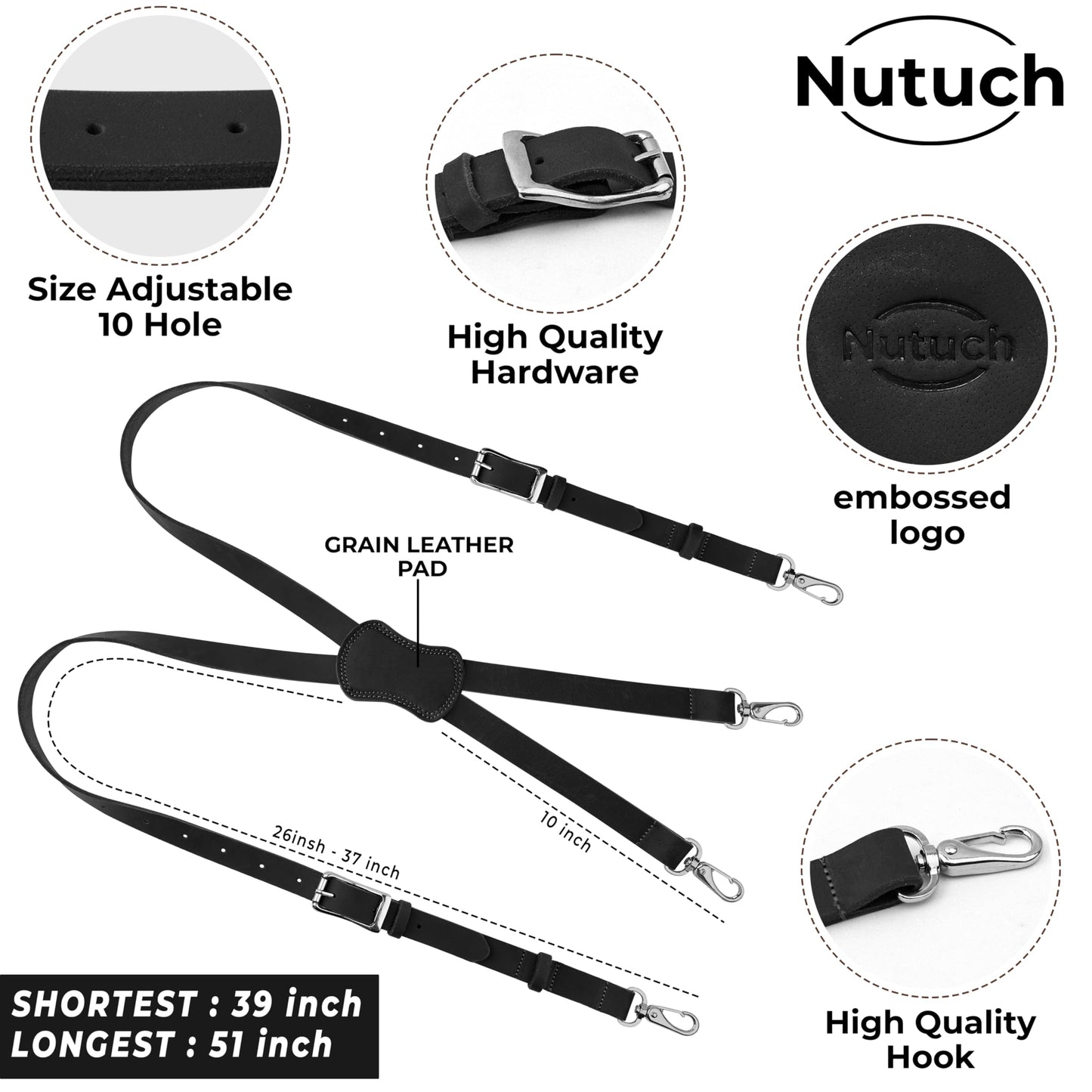 NUTUCH Grain Buffalo Leather Suspender for Men | 0.2 inchess thickness | Leather Braces | Western Heavy Duty Dress Suspender men (Black)