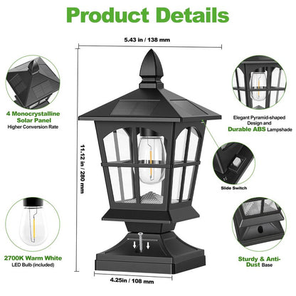 Brightever Thomas Edison Solar Post Lights Outdoor 2-Pack, Waterproof Solar Fence Post Lights (Warm White), Solar Powered Post Cap Lights for 4x4 5x5 6x6 Posts, Ideal for Deck Patio Garden Yard, Black