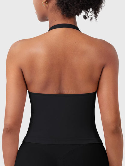 YEOREO SoftHue Women's Impact Halter Tank Top Longline Backless Scoop Neck Built-in Bra Sports Workout Gym Crop Top Black S