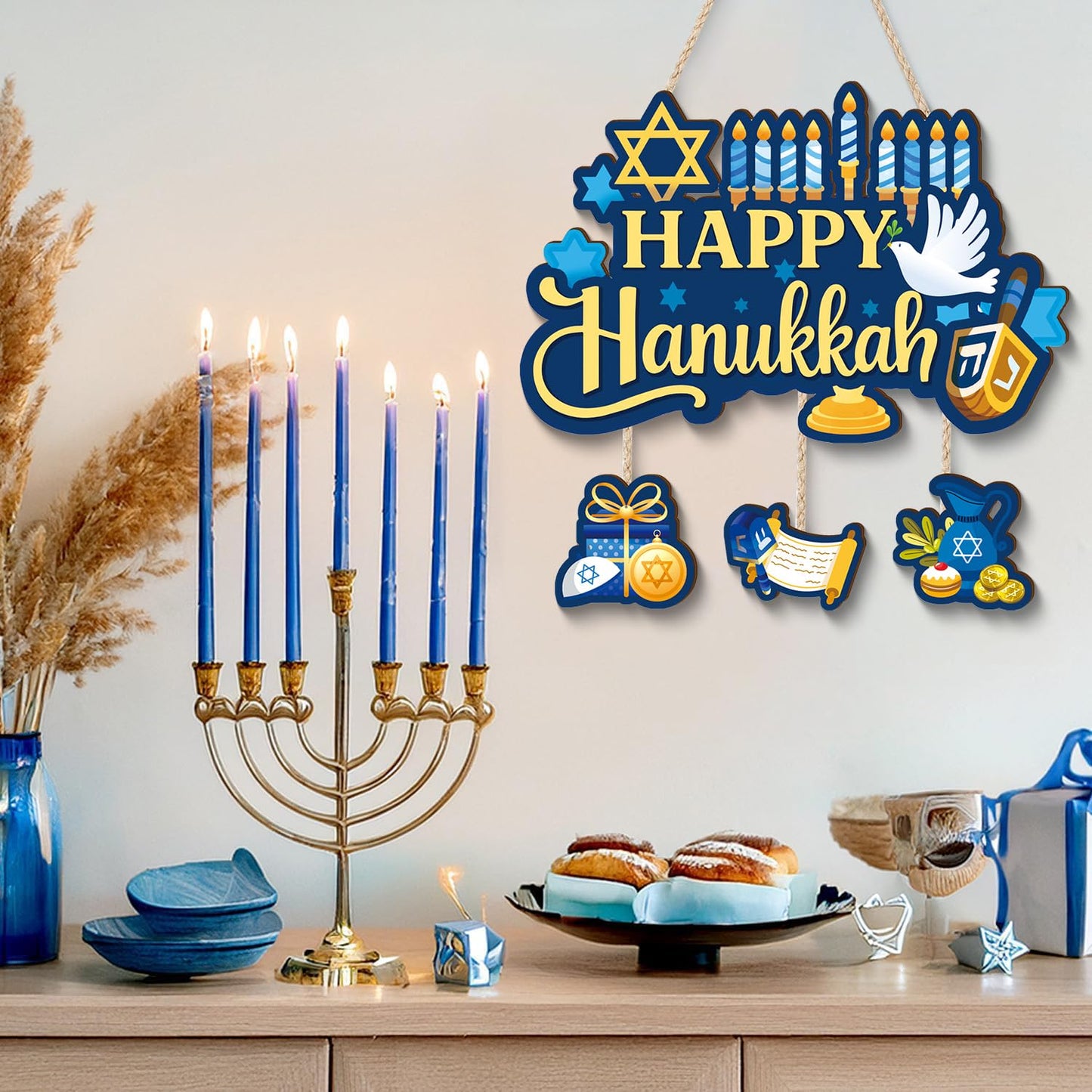 Aurlan Happy Hanukkah Door Sign,Hanukkah Wooden Wall Hanging,Jewish New Year Door Decor,Chanukah Wood Hanging,Chanukah Candlestick Wall Sign,Candle Pigeon Sufganiyot Decor for Porch Yard Home Room Office