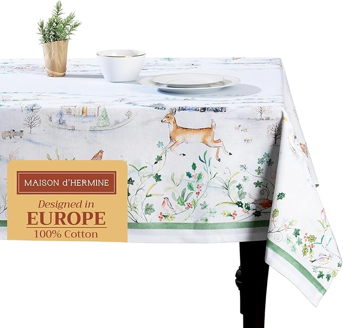 Maison d' Hermine Table Cloth Rectangle Table 100% Cotton 70 x 120 Inches Fall Tablecloth Reusable Everyday Use for Thanksgiving Christmas Decorations Dining Farmhouse Party (Snowy World)