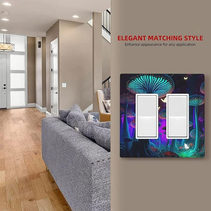 Fantasy Mushroom Forest Glowing Butterfly Double Rocker Light Switch Cover 2 Gang Wall Plate Covers Decorative Electrical GFCI Outlet Plates for Home Bathroom Kitchen Decor