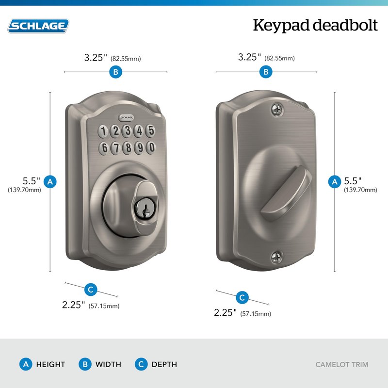 Schlage Camelot Electronic Keypad Deadbolt Lock, Keyless Front Door Entry, Mechanical Key Backup Included, Satin Nickel, BE365 V CAM 619