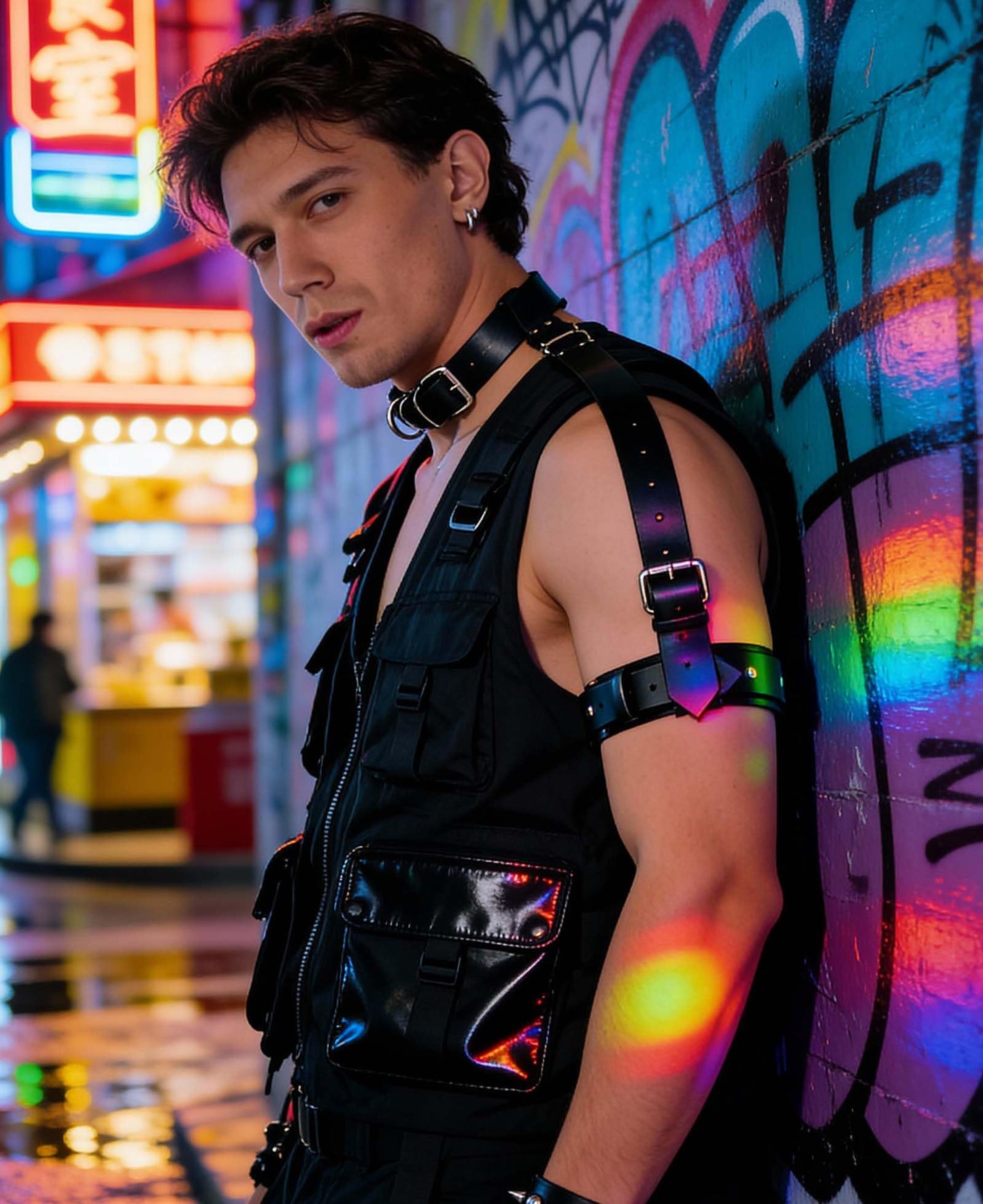 Men’s PU Leather Shoulder Harness with Neck Strap – Adjustable Black Harness Top with Arm Strap Accessory for Punk Fashion, Festivals, Cosplay & Stage Outfits(Fit Neck 13.4-18.1in)