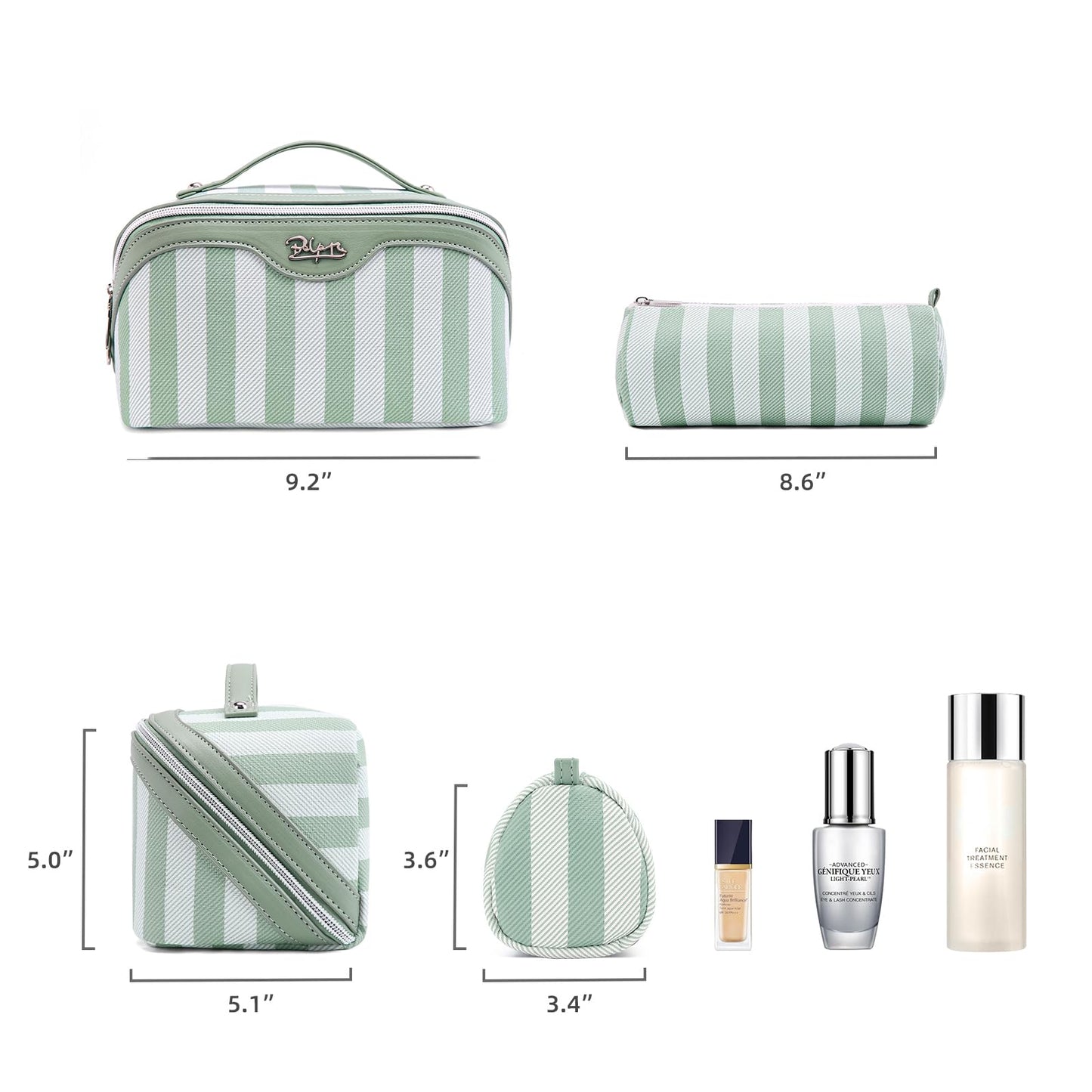 BOYATU Travel Makeup Bag Cosmetic Bag for Women: 3 Pcs Set Striped Make up Bag with Compartments - Waterproof Vegan Leather Toiletry Bag with Handle - Makeup Organizer for Travel Essentials(A-2-Green)