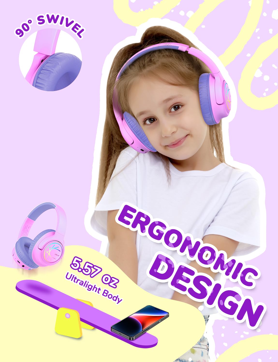iClever Kids Bluetooth Headphones with LED Lights, BTH18 Safe Volume 74/85dBA, 43H Playtime, Bluetooth5.3 Kids Headphones Wireless Aux Cord for iPad/Tablet/Travel/School, Pink/Blue