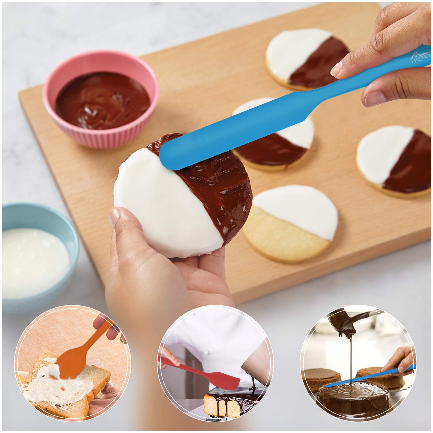 HOTEC Heat Resistant 600℉ Food Grade Silicone Rubber Spatula Set for Baking, Cooking, and Mixing Non Stick Dishwasher Safe BPA-Free Multicolor Set of 5