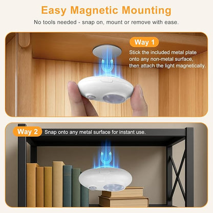 Motion Sensor Puck Lights, 3 Color Temps Dimmable LED Closet Light, Wireless USB Magnetic Cabinet Lights, Stick On Motion Sensor Light Indoor for Stair, Kitchen, Shelf (6 Pack)