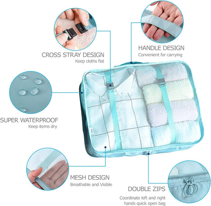 LANSKLBD 8 Set Packing Cubes for Suitcases Travel Luggage Packing Organizers,Travel Essentials Accessories Luggage Organizer with Shoe Bag Tioletry/Laundry Bag (light blue)