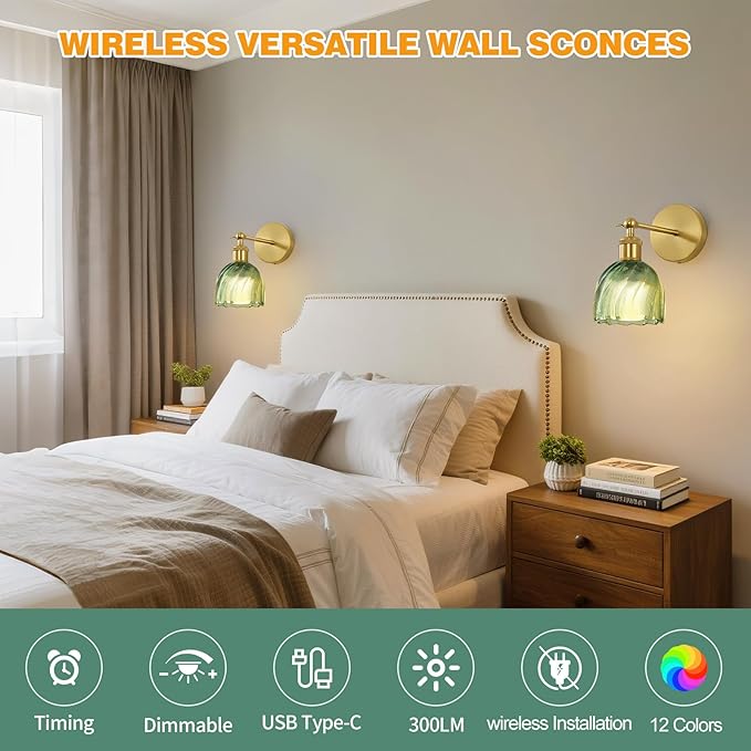 Vintage Battery Powered Cordless Wall Sconce Set of 2, Battery Wall Sconce with Green Glass Lampshade, Rechargeable Battery Powered Wall Lights with Remote Control for Bedside Bedroom Doorway