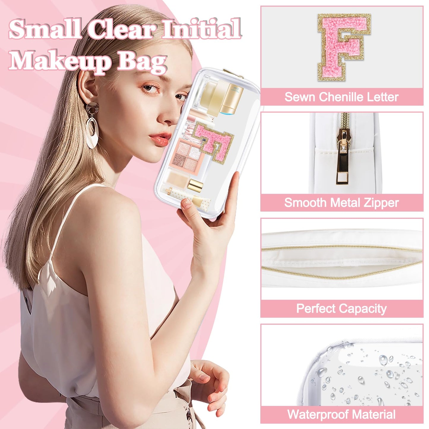 Small Clear Personalized Initial Makeup Bag,Nylon Preppy A-Z Chenille Letter Patch Cosmetic Pouch Beach Toiletry Bag,Waterproof Zipper Travel Purse Storage Bag Organizer for Women Girls(White-Pink F)