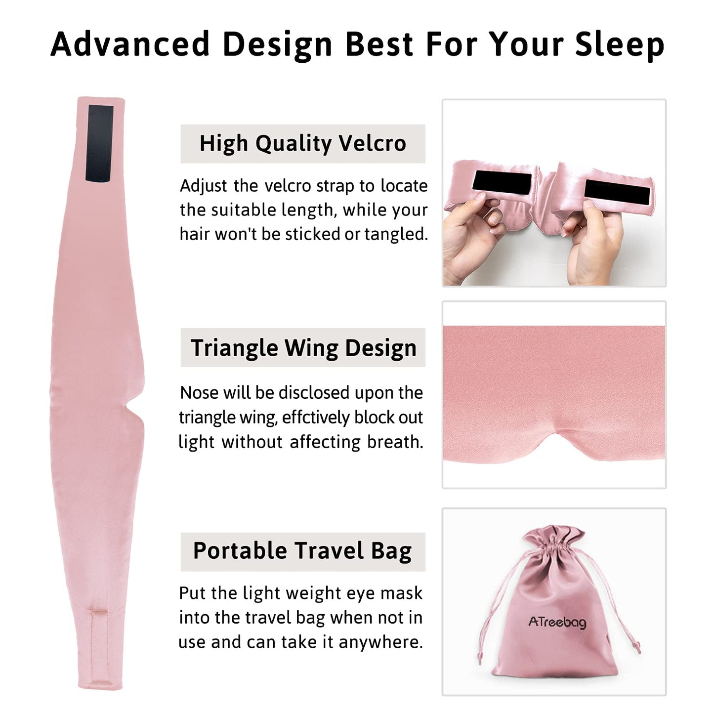 Silk Sleep Mask for Women Men, Mulberry Silk Eye Sleeping Mask & Blindfold with Adjustable Velcro Strap, Blackout Eye Cover for Sleep Travel Yoga Nap, Large Size, Black