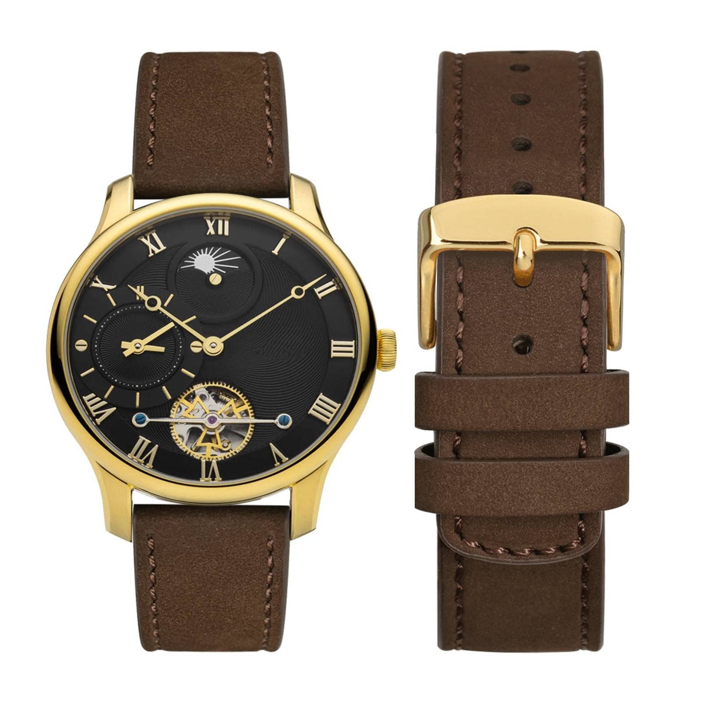 WOCCI 22mm Retro Leather Watch Band for Men and Women, Quick Release Replacement Strap with Golden Buckle (Dark Brown)