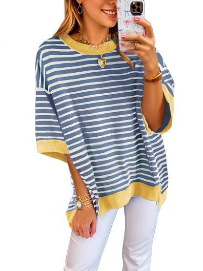 XINWEIZZ Oversized T Shirts for Women Casual Short Sleeve Striped Knit Shirt Crewneck Sweatshirts High Low Loose Blouse Tops