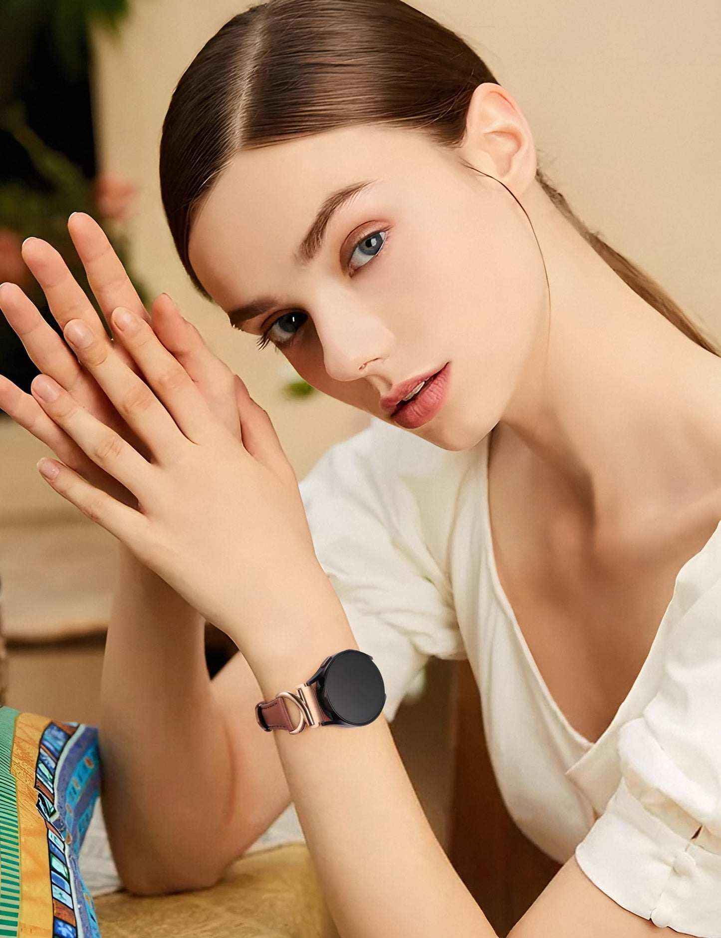 Minyee Leather Bands Compatible with Samsung Galaxy Watch 7/6/5/4/FE/Active 2 40mm 44mm/Watch 6 Classic 43mm 47mm/Watch 5 Pro 45mm Band, 20mm Slim Dressy Leather Strap with C-Shape Metal Buckle Women