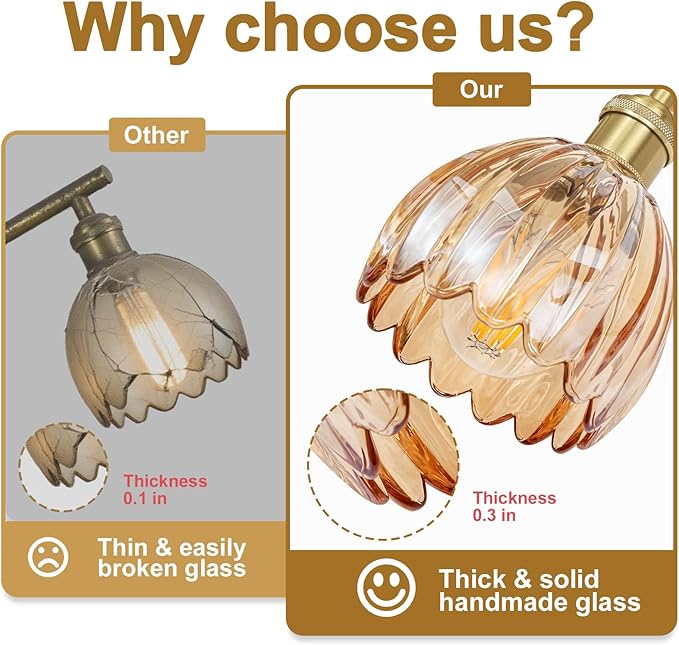 Vintage Bathroom Light Fixtures,4-Light Hardwired Vanity Lights Over Mirror,Gold Wall Sconces with Amber Tulip Glass Shade for Bathroom Living Room,E26 Socket(Bulbs Not Included)