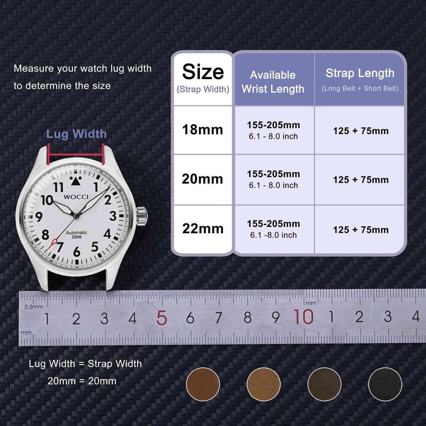 WOCCI 20mm Elite Watch Band, Top Grain Leather, Quick Release, Silver Buckle (Sand)