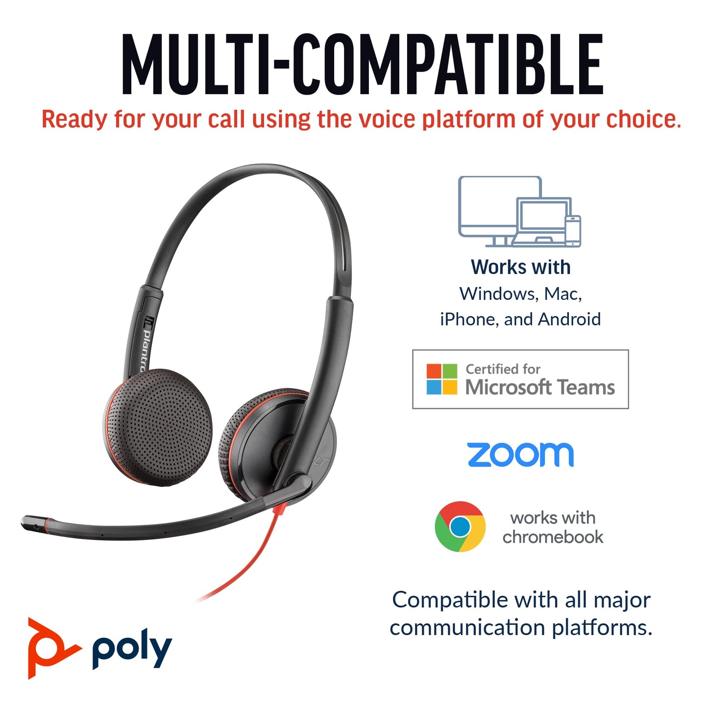 Poly Blackwire 3225 Wired Headset (Plantronics) - Noise-Canceling Mic – Stereo Design - Connect to PC/Mac/Mobile via USB-C, USB-A, or 3.5mm - Works w/Teams, Zoom - Amazon Exclusive
