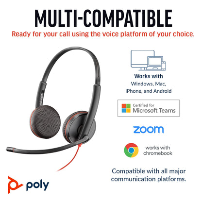Poly Blackwire 3225 Wired Headset (Plantronics) - Noise-Canceling Mic – Stereo Design - Connect to PC/Mac/Mobile via USB-C, USB-A, or 3.5mm - Works w/Teams, Zoom - Amazon Exclusive