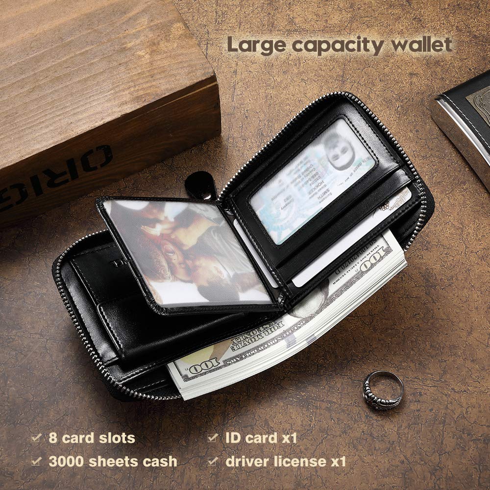 Mens Genuine Leather Zipper Wallet RFID Secure Large Capacity Double Fold Multi-card Leather Wallets for Men and coin purse (Oil wax black)