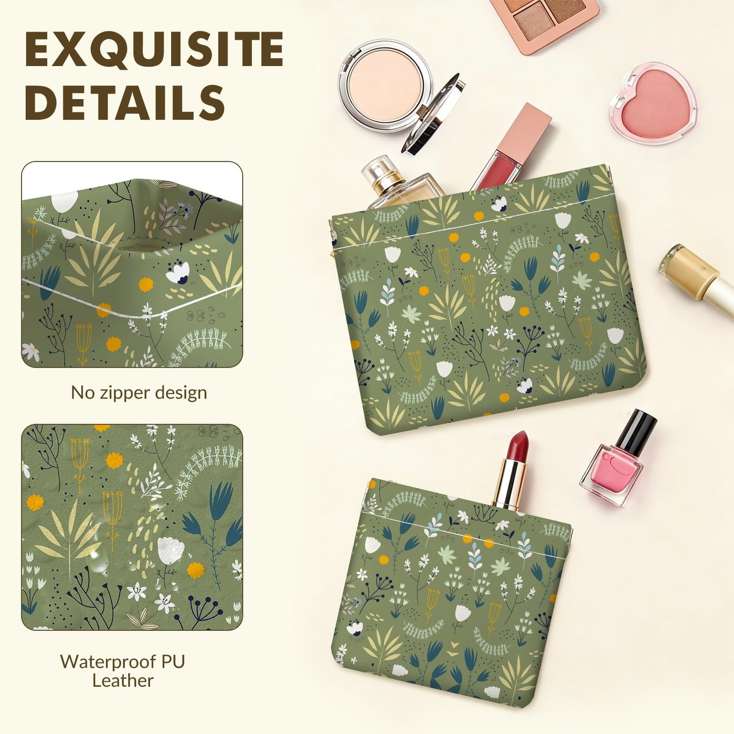 Luoycxy 2 PCS PU Leather Small Makeup Bag Set for Purse,No Zipper Self-closing Cosmetic Bag, Portable Coin Purse Lipstick Accessories Organizer Travel Toiletry Storage Pouch for Women,Green Flower
