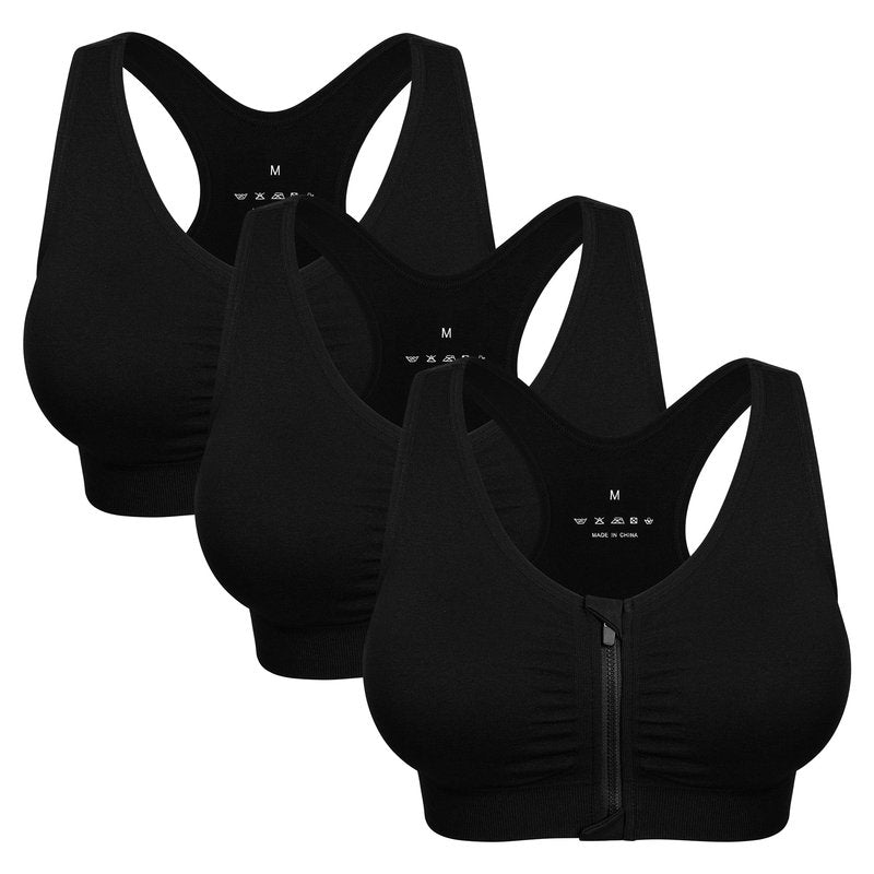 Women's Zip Front Sports Bra Wireless Post-Surgery Bra Zipper Closure Bras Padded Surgical Bra Racerback Workout Bras Active Yoga Sports Bra (XL:Fit 36D,36DD,38C,38D,40B,40C, 3 pack(Black+White+Grey))